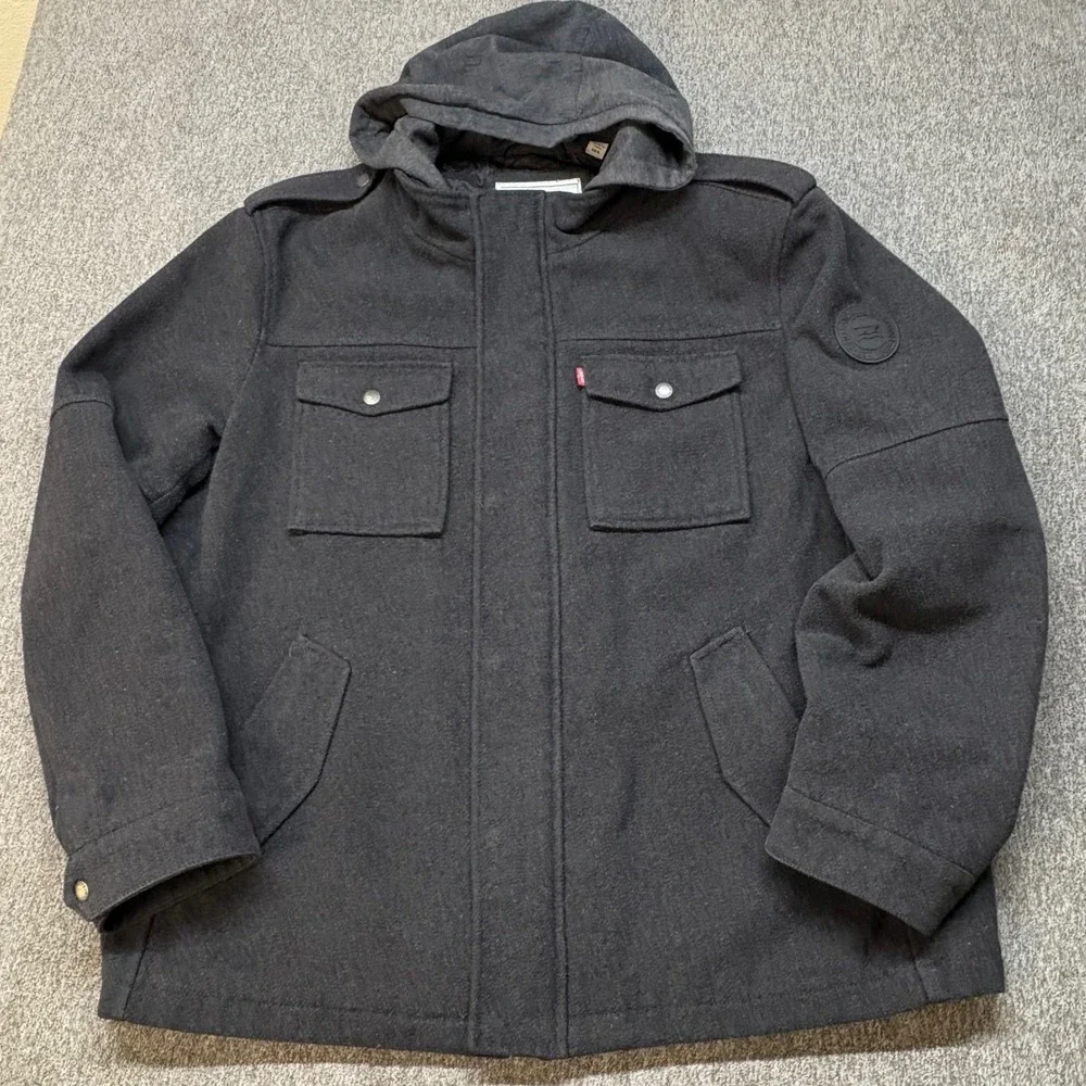Levis Mens Wool Blend Hooded Field Jacket Charcoal Grey XXL Military Chore‎ Coat